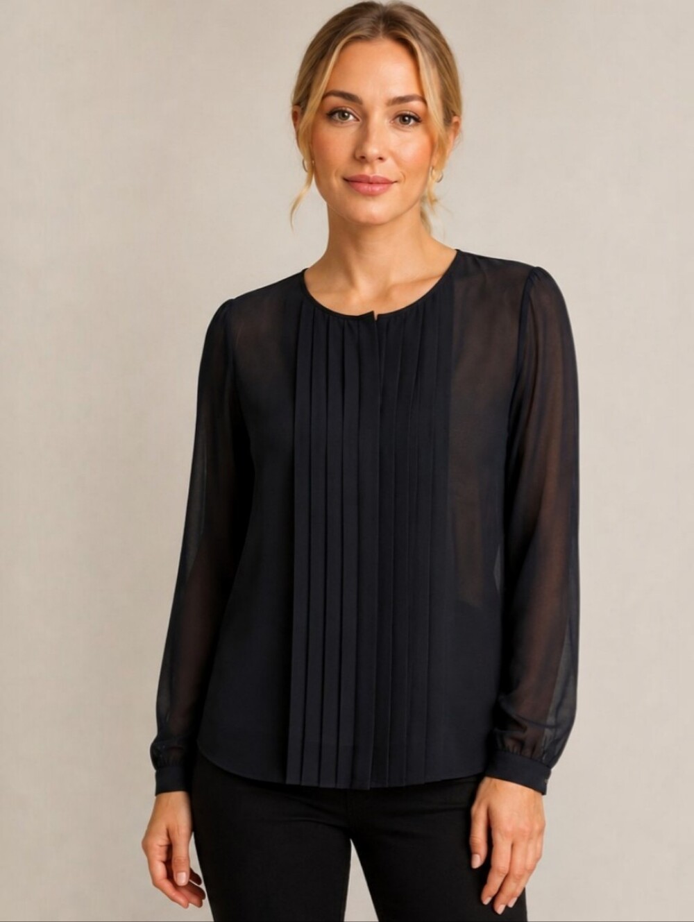 Ann Taylor LOFT Black Sheer Pleated Blouse Size Small